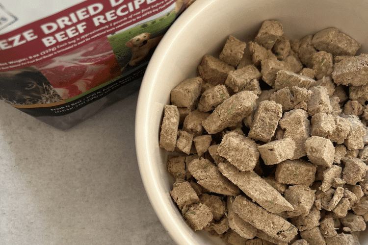 Freeze-dried dog food pieces served in a bowl.